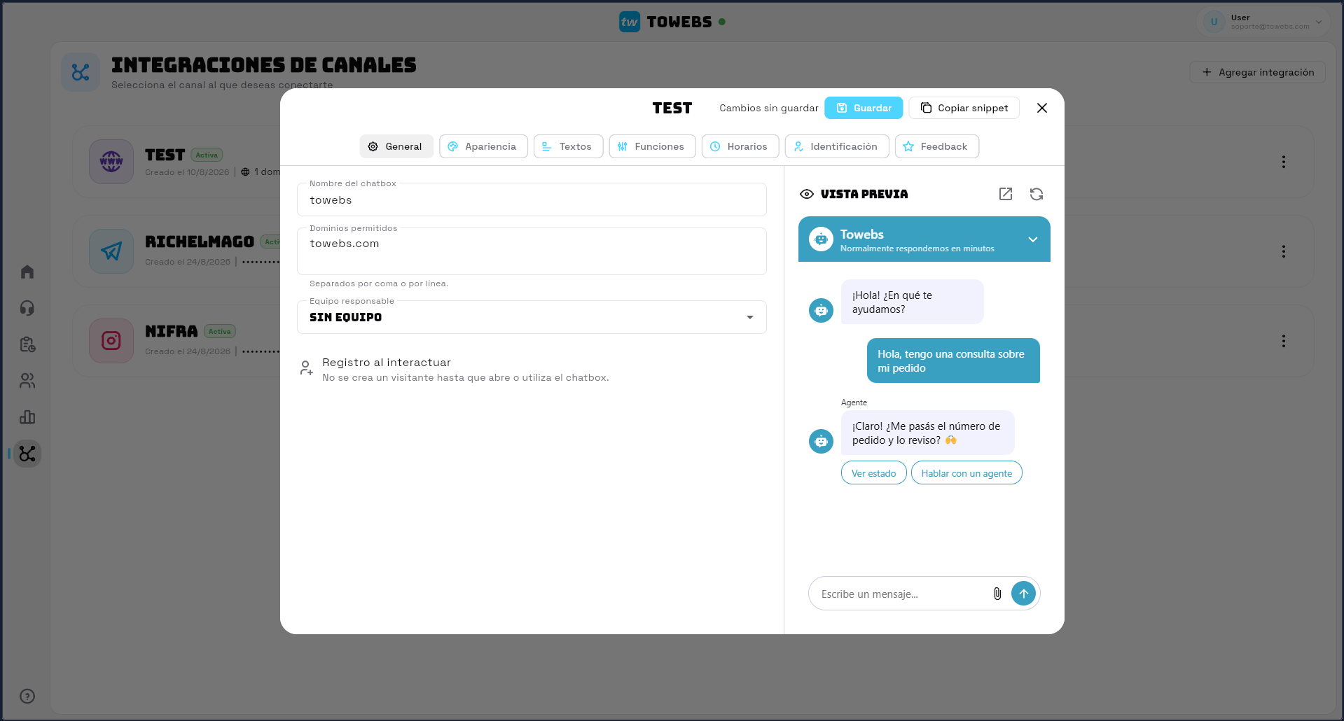 Modal de configuración del chatbox web con pestañas General, Apariencia, Textos, Funciones, Horarios, Identificación, Feedback y Vista previa en vivo