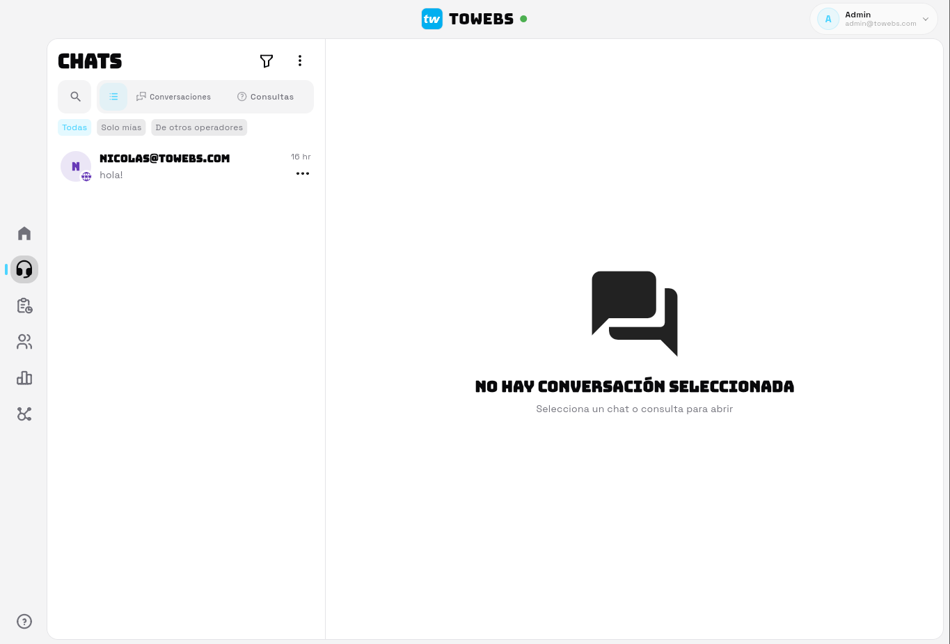 Vista de Chats de Flamachat con la lista de conversaciones y filtros a la izquierda, y el panel de detalle a la derecha sin una conversación seleccionada